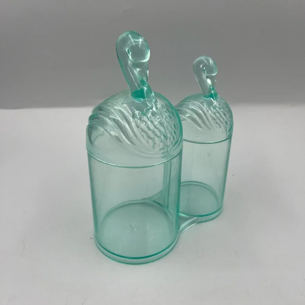 Vintage Aqua Plastic Double Vanity Canister Figural Swan Lids Retro Organizer